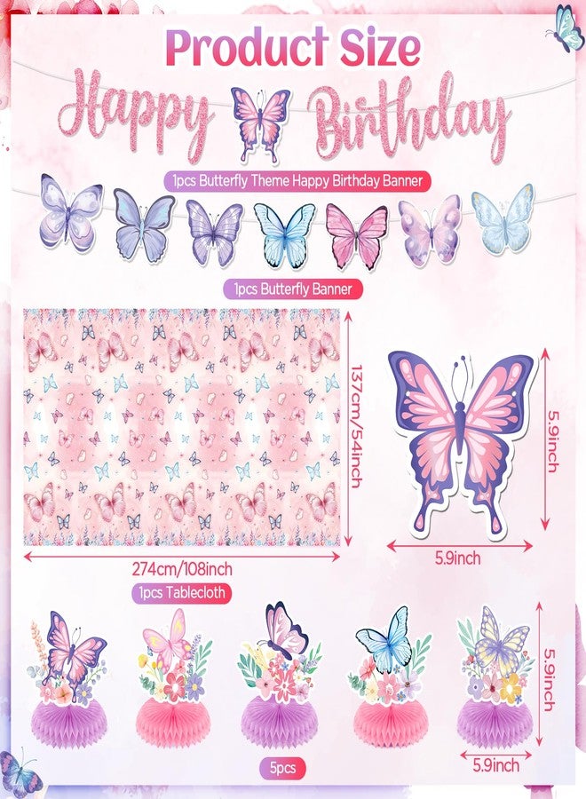 Wayyogh Butterfly Party Decorations Pink Purple Butterfly Happy Birthday Bunting Banner Floral Butterfles Tablecloth and 5Pcs Table Honeycomb Centerpieces Decor for Girls Summer Princess Birthday Supplies - Image 3